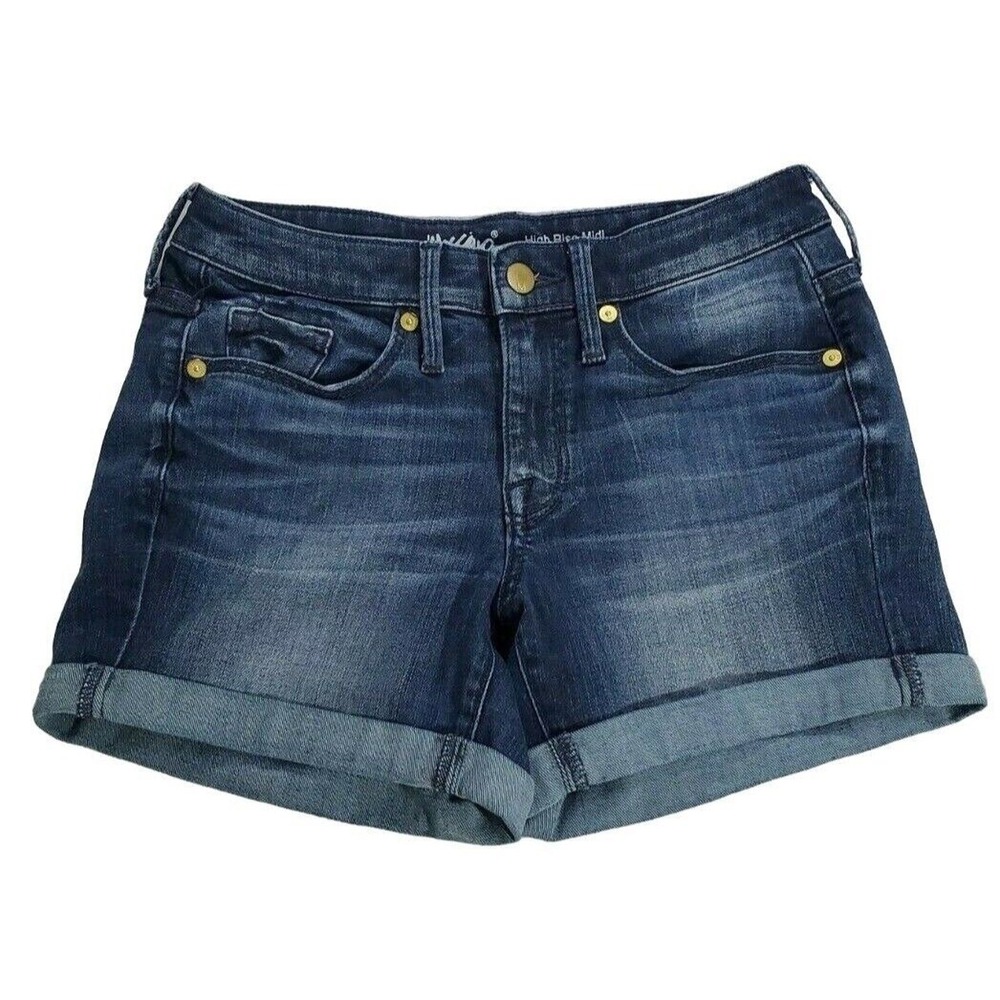 Mossimo Shorts Size 00 Womens Medium Wash High Rise Midi Super Stretch Cuffed De